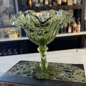 Fenton Green "Cabbage Rose" Pedestal Compote/Candy Dish Ruffled Edge Vtg. Glass